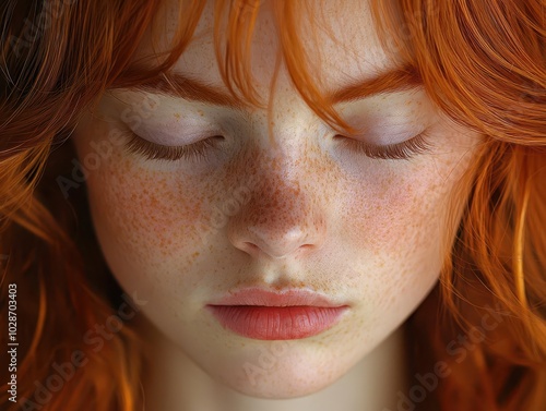 radiant close-up portrait of a young individual with fiery red hair and delicate freckles, eyes shut in serenity, radiating a soothing aura of peace and introspection amidst a soft background