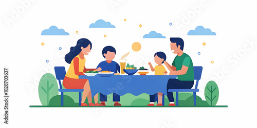 Peaceful Family Moment: Enjoying a Meal Outdoors with Soft Abstract Sky Background, Creating a Serene Photo Stock Concept with Copy Space