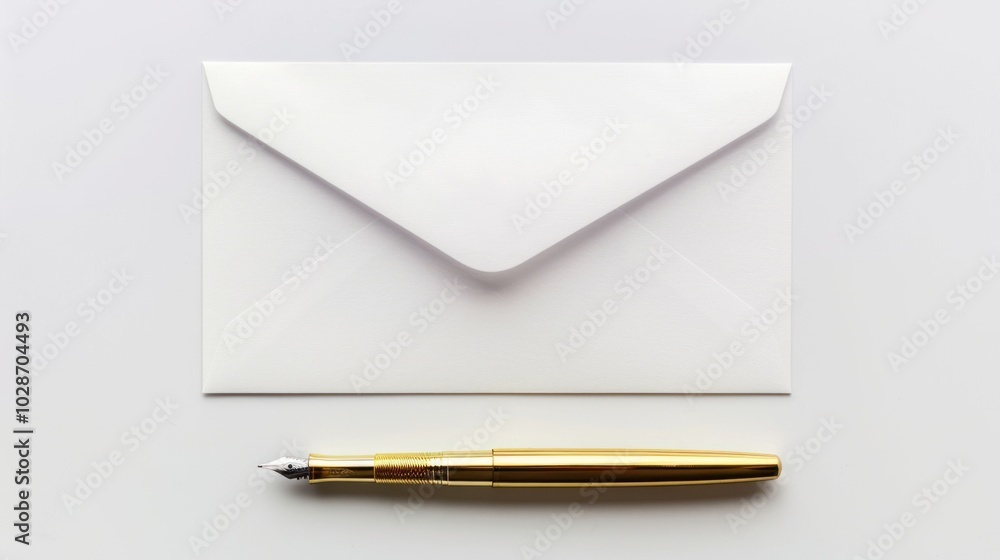 White Envelope and Gold Fountain Pen on a White Background White Envelope and Gold Fountain Pen on a White Background