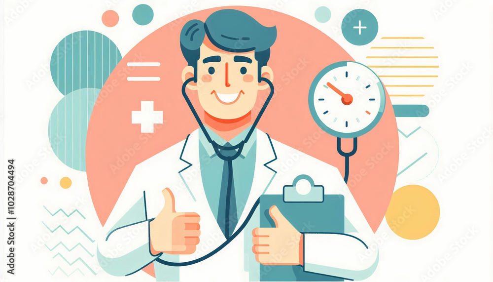 A smiling doctor holding a stethoscope and clipboard, giving a thumbs-up, in a colorful, minimalist illustration, representing healthcare and trust A smiling doctor holding a stethoscope and clipboard, giving a thumbs-up, in a colorful, minimalist illustration, representing healthcare and trust