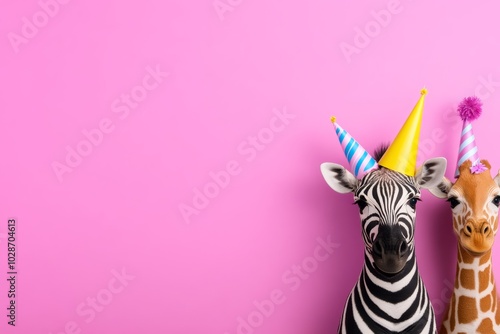 Zebra and giraffe are wearing party hats and standing in front of a pink background. image conveys a festive and playful mood. animal concept. birthday party invite invitation banner, pink background