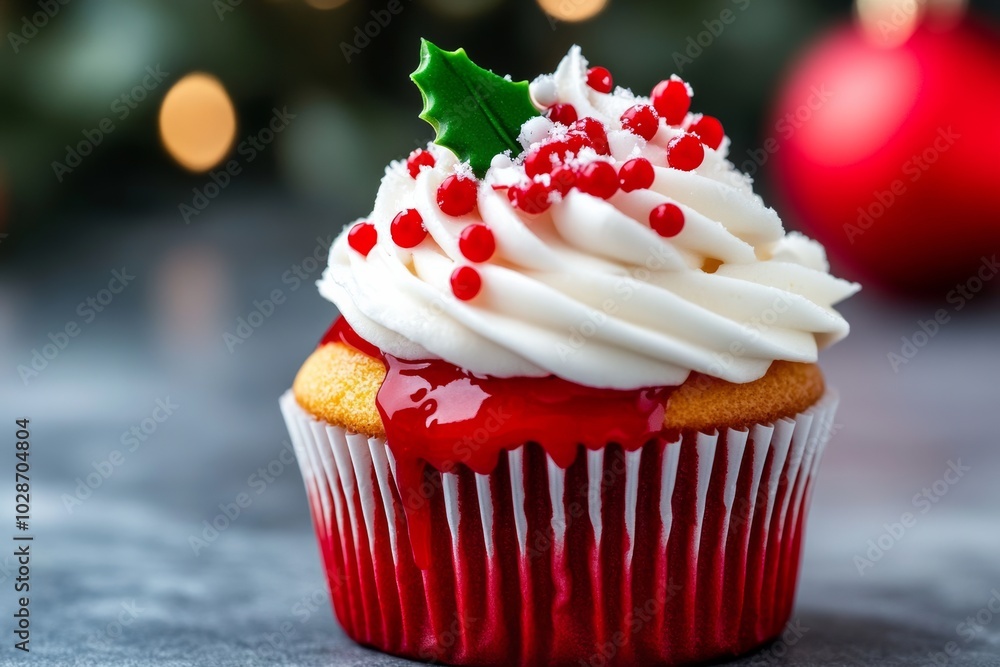 Red and white cupcake with white frosting and red sprinkles. The cupcake is sitting on a white plate. Cupcake christmas dessert icing Red and white cupcake with white frosting and red sprinkles. The cupcake is sitting on a white plate. Cupcake christmas dessert icing