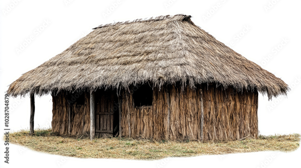 An old, traditional hut made of straw, isolated on a white background An old, traditional hut made of straw, isolated on a white background