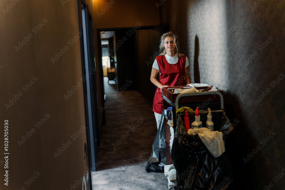 Obraz premium Cleaning lady with housekeeping trolley working in dim light hotel hallway.