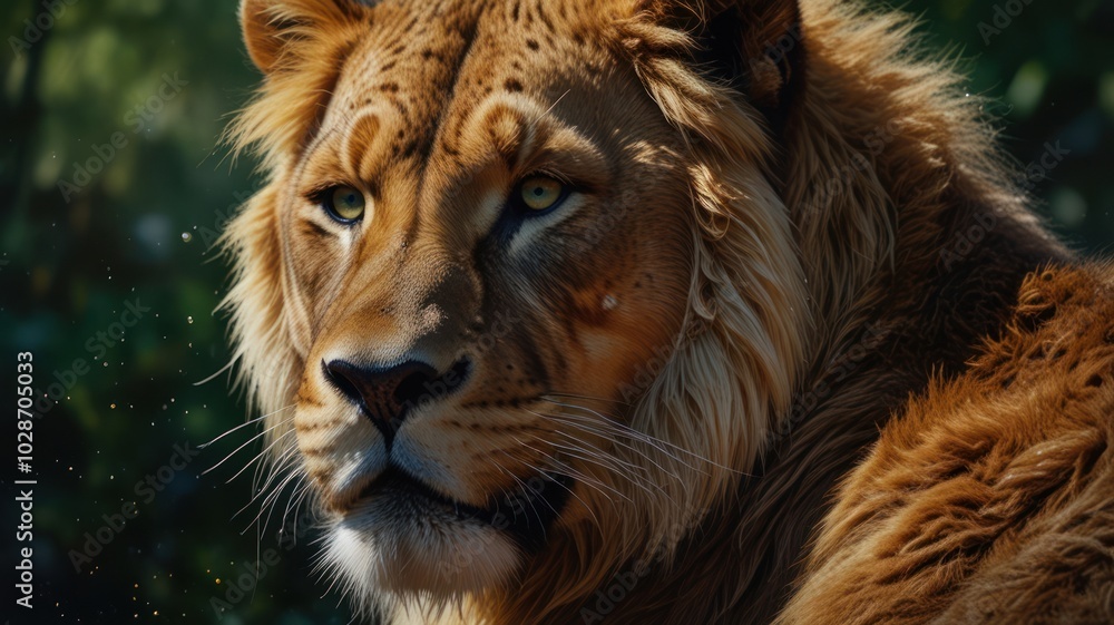 a lion standing tall against a dramatic backdrop of mountains and stormy skies. Its powerful build and piercing eyes exude an aura of strength and dominance. a lion standing tall against a dramatic backdrop of mountains and stormy skies. Its powerful build and piercing eyes exude an aura of strength and dominance.