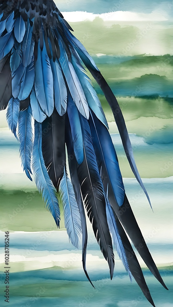 Obraz premium Blue and black bird feathers from wing. Watercolor background illustration set. Seamless background pattern.
