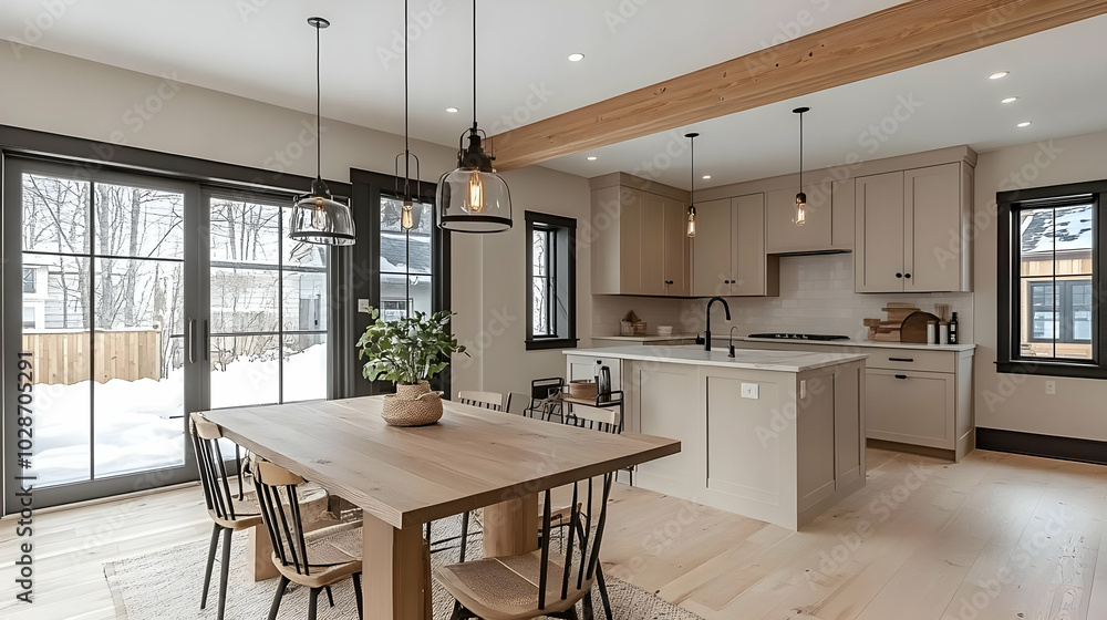 Modern kitchen and dining area with natural light and wood accents. Modern kitchen and dining area with natural light and wood accents.