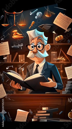 Cartoon lawyer in a library surrounded by legal symbols and books.