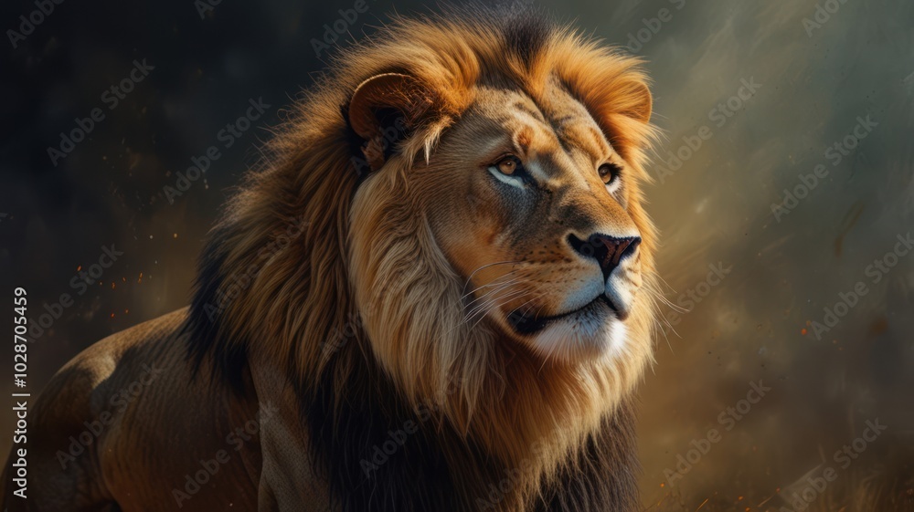 a lion standing tall against a dramatic backdrop of mountains and stormy skies. Its powerful build and piercing eyes exude an aura of strength and dominance. a lion standing tall against a dramatic backdrop of mountains and stormy skies. Its powerful build and piercing eyes exude an aura of strength and dominance.