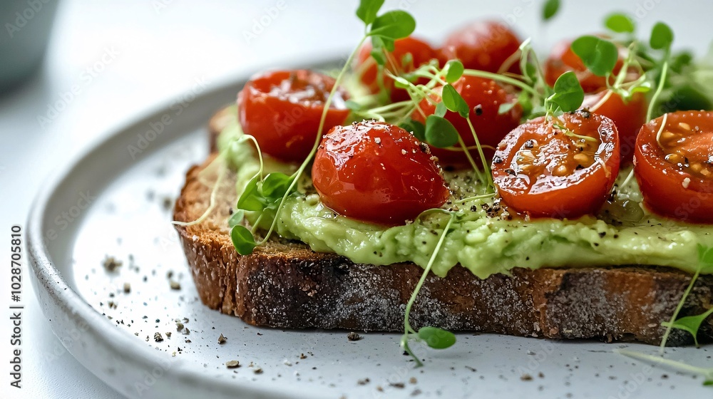 A minimalist white plate showcases elegantly arranged toast adorned with vibrant cherry tomatoes and delicate microgreens, set against a radiant backdrop. A minimalist white plate showcases elegantly arranged toast adorned with vibrant cherry tomatoes and delicate microgreens, set against a radiant backdrop.