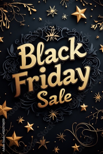 Elegant Black Friday Sale Banner with Paper-Cut Script and Gold Star Accents on Matte Black