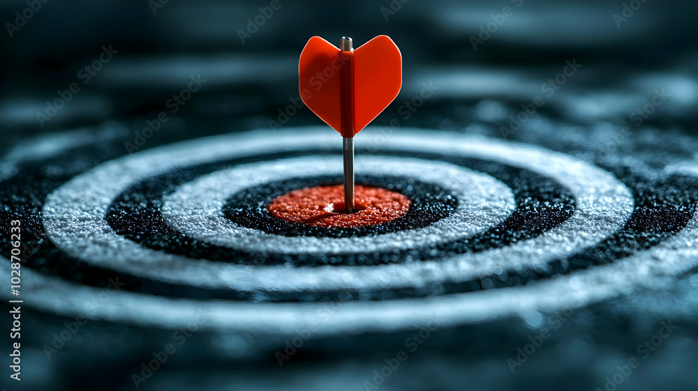 A heart-shaped dart embedded in a target's center. A heart-shaped dart embedded in a target's center.