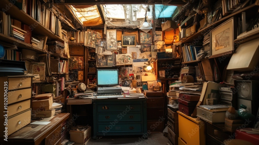 A cluttered room filled with books, old photos, and a desk with a computer. A cluttered room filled with books, old photos, and a desk with a computer.