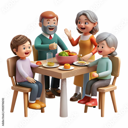 A Warm Family Moment: Everyone Gathered Around a Dining Table Sharing Food, Laughter, and Joy Against a Neutral Background with Copy Space for Promotions