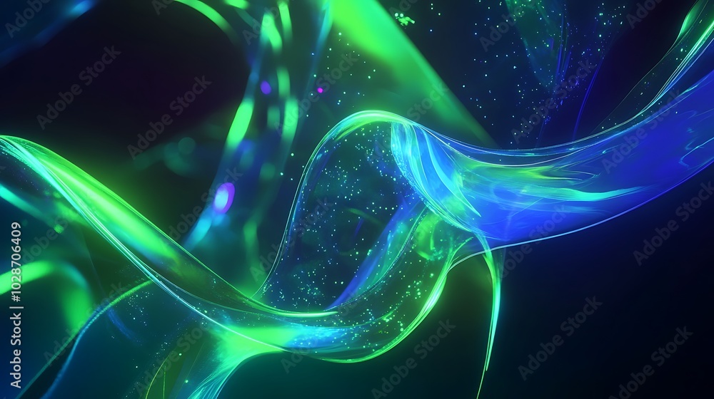 Fototapeta premium Abstract glowing green and blue liquid waves with sparkle on dark background.