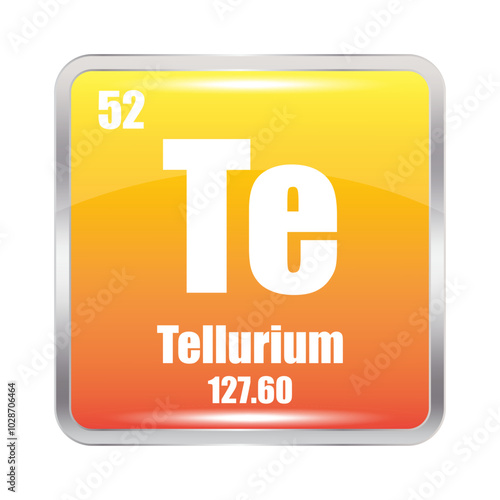 Tellurium icon. Te chemical element. Atomic number 52. Mass 127.60. Orange square.