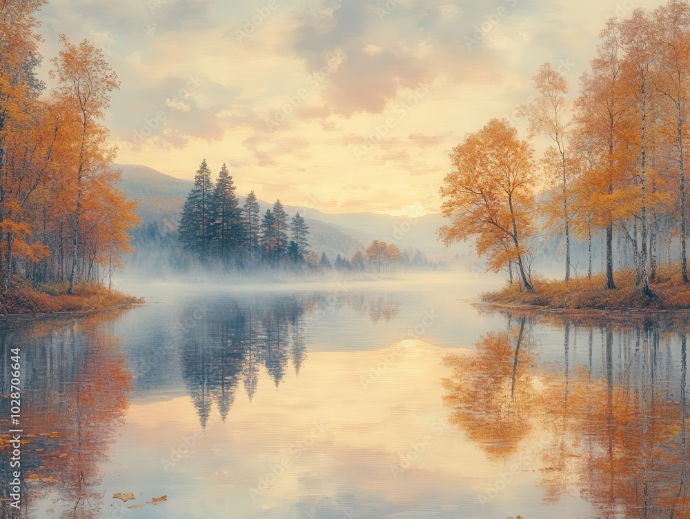 Fototapeta premium serene autumn landscape featuring a tranquil lake reflecting the colorful trees, mist gently rising from the water at dawn, soft pastel hues painting the sky, creating a dreamlike atmosphere