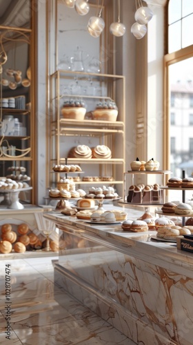 Bright and airy bakery with pastries and cakes, 4K hyperrealistic photo