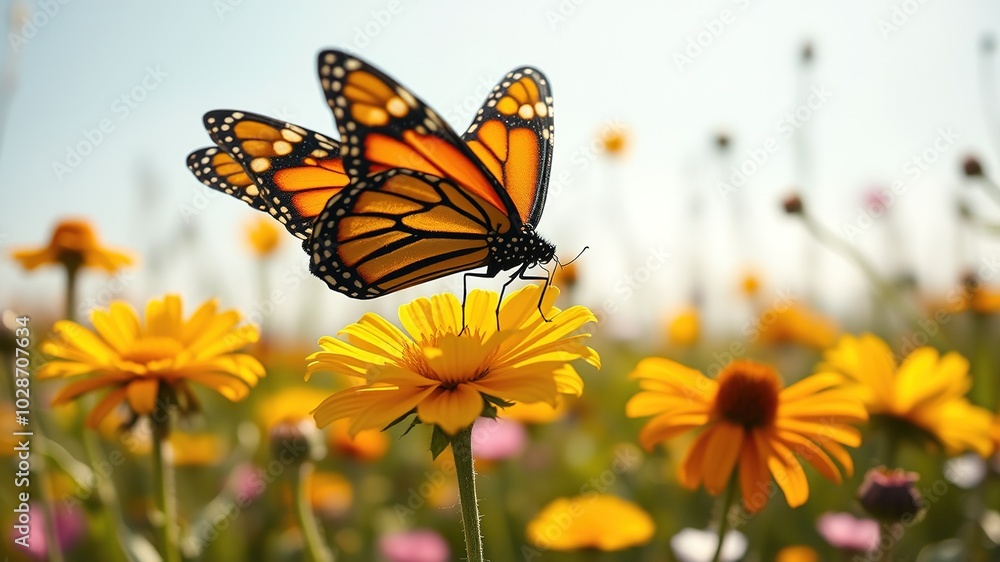 Fototapeta premium Vintage Monarch Butterfly on Yellow Flower in Summer Sunshine
