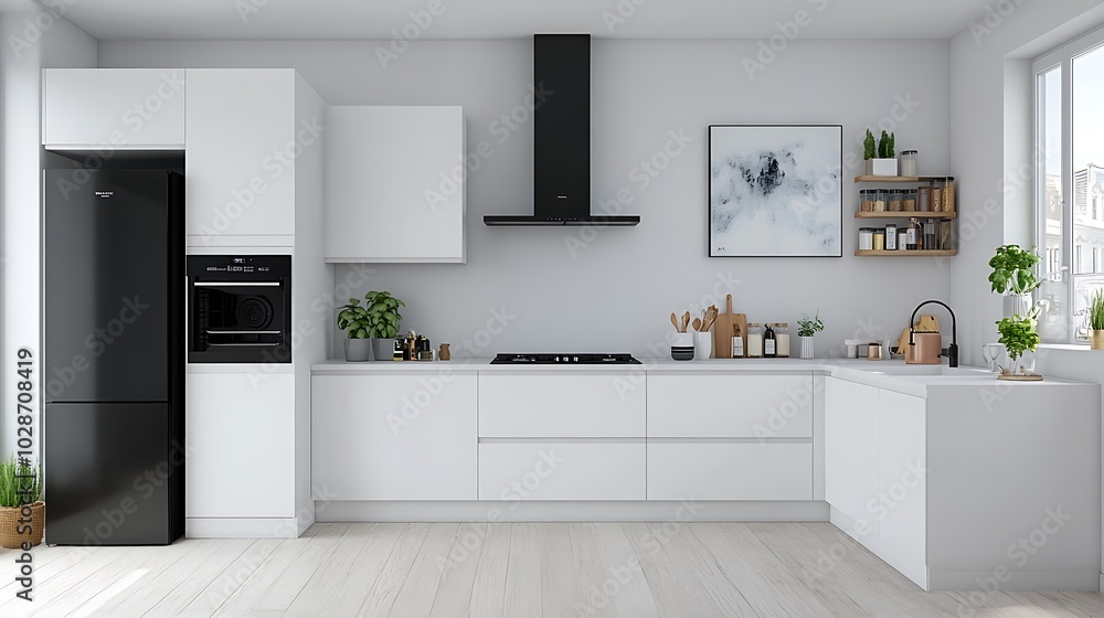 Modern White Kitchen Design with Black Appliances and Wooden Accents Modern White Kitchen Design with Black Appliances and Wooden Accents