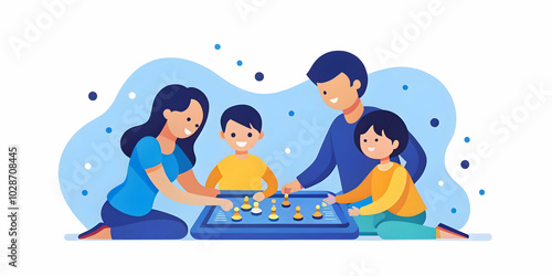 Candid Family Playing Board Games Together with Soft Abstract Digital Art Background - Perfect for Family-Focused Photo Stock Concepts and Relaxing Weekend Moments