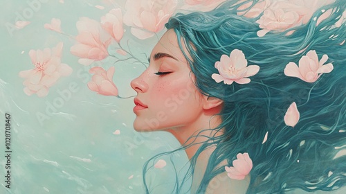 A serene portrait of a woman with flowing teal hair surrounded by soft pink flowers against a tranquil aqua background, evoking peace and beauty. photo