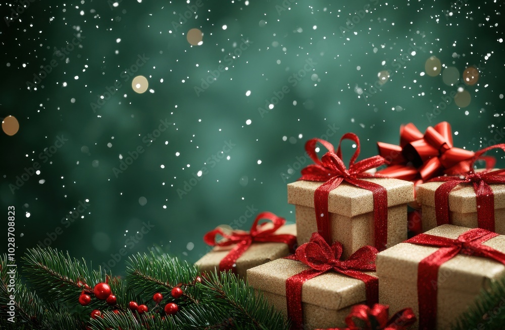 Festive Christmas scene with shimmering gift boxes and red ribbons creating a holiday ambiance on a snowy green background Festive Christmas scene with shimmering gift boxes and red ribbons creating a holiday ambiance on a snowy green background