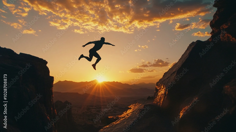 A silhouette of a person jumping between two rocky cliffs against a stunning sunset backdrop, symbolizing freedom and adventure. A silhouette of a person jumping between two rocky cliffs against a stunning sunset backdrop, symbolizing freedom and adventure.
