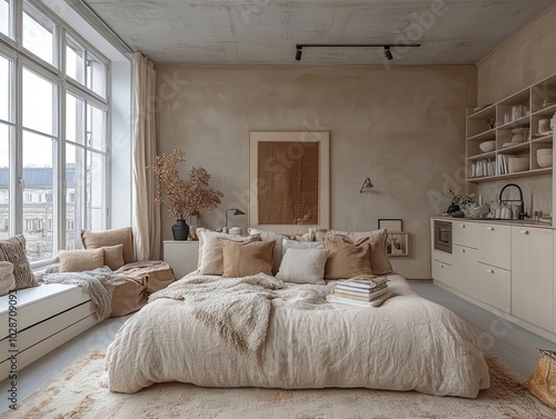 spacious scandinavian-style studio apartment featuring warm pastel whites and soft beiges, adorned with stylish furniture and modern kitchen elements, radiating cheerfulness and comfort