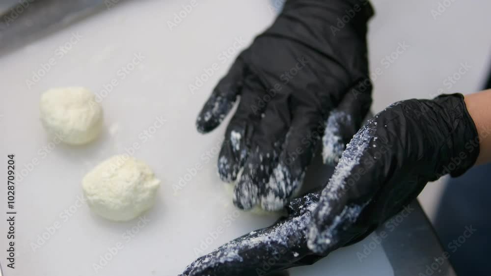 cook buns form pancakes baking dough gloves in flour curd baking cook buns form pancakes baking dough gloves in flour curd baking