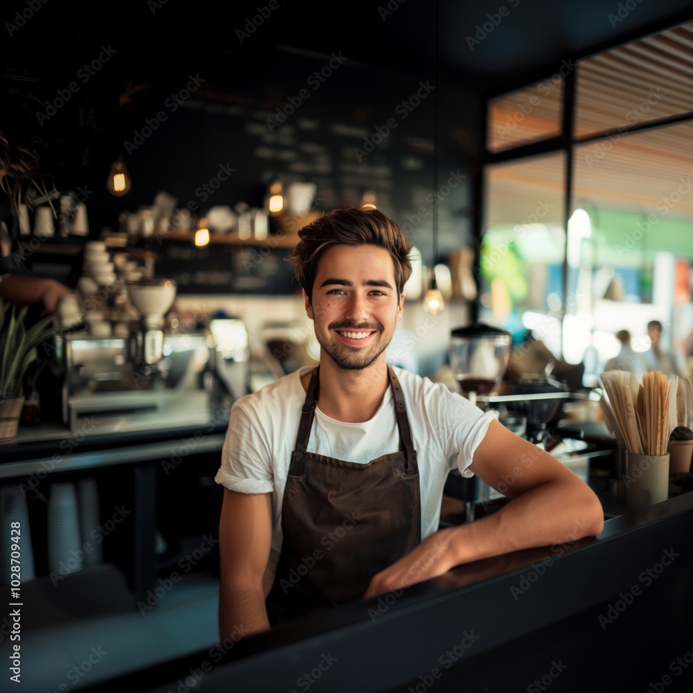 Smiling barista young man working in cafe shop, looking at camera. Startup successful small business owner. SME Smiling barista young man working in cafe shop, looking at camera. Startup successful small business owner. SME