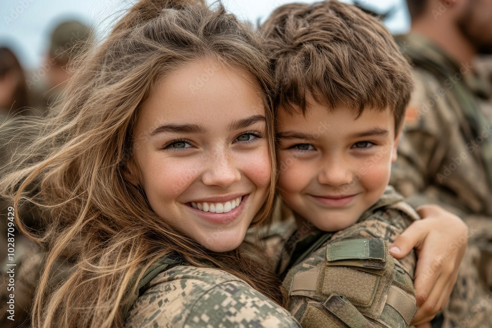 Servicewoman embracing her children on her homecoming, Generative AI