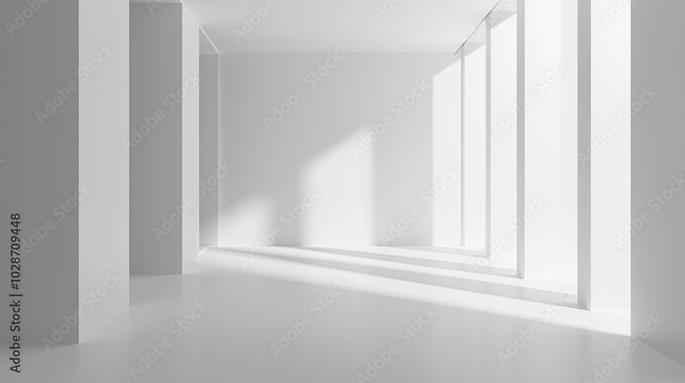 Minimalist white interior with soft sunlight streaming through large windows Minimalist white interior with soft sunlight streaming through large windows