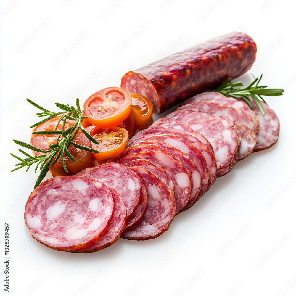 Slices of salami sausage on a white background Slices of salami sausage on a white background