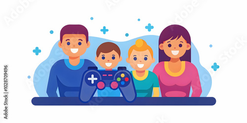 Family Playing Video Games Together: Candid Moment of Bonding and Fun on a Plain Black Background with Copy Space for Text