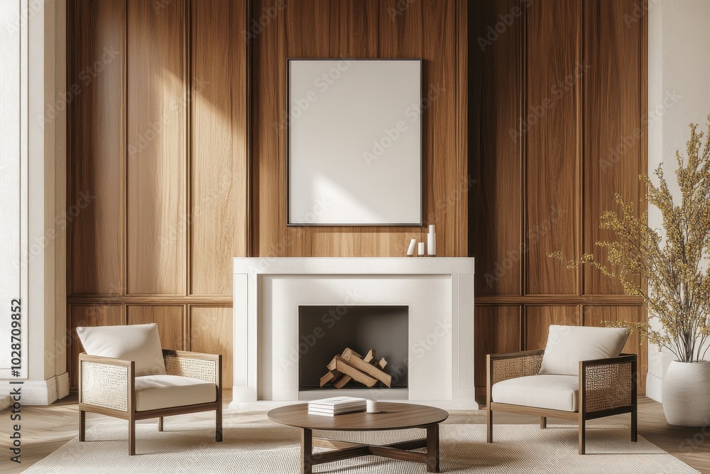 Fototapeta premium A minimalist living room with wooden paneling, two chairs, a coffee table, and a fireplace.