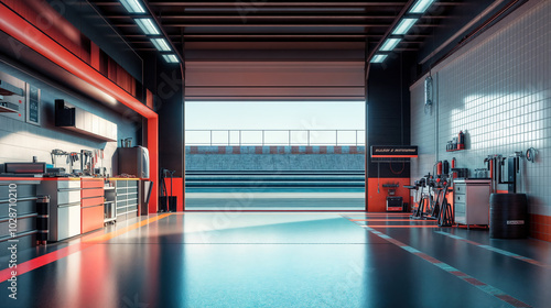 Empty garage opening onto race track with open roller door photo