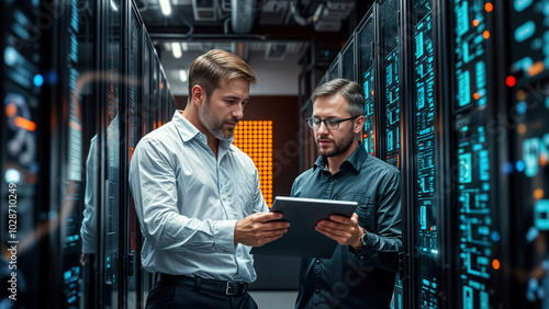 It engineers using tablet and working in data center with server racks