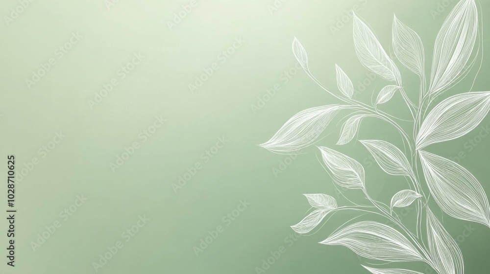 Naklejka premium Abstract green background with white leaves on the right side.
