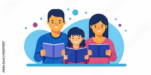 Family Reading E-Books on Tablets: Sharing a Quiet Tech-Driven Moment with Soft Abstract Background and Copy Space for Photo Stock Concept