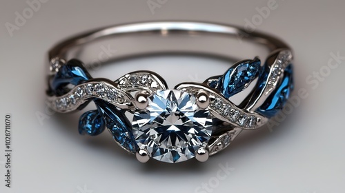 Blue gold diamond ring set in a white engagement solitaire style 