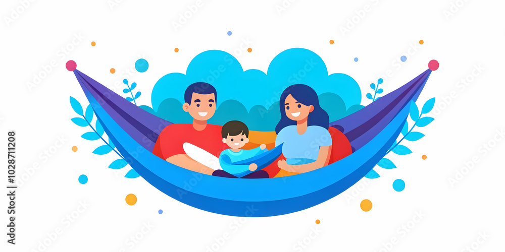 Peaceful Family Relaxing in Hammock in Backyard with Soft Abstract Nature Background for Lazy Weekend Concept - Photo Stock Peaceful Family Relaxing in Hammock in Backyard with Soft Abstract Nature Background for Lazy Weekend Concept - Photo Stock