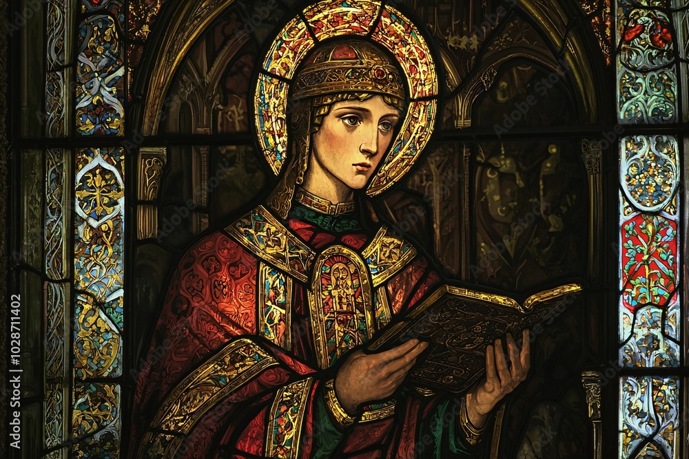 Fototapeta premium Saint Ethelwynn is depicted in a stunning stained glass window, exuding sanctity through vibrant hues and exquisite artistry.