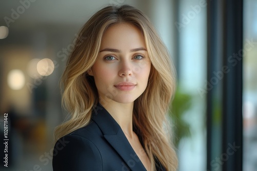 Portrait of a professional woman in a suit. Business woman standing in an office, Generative AI