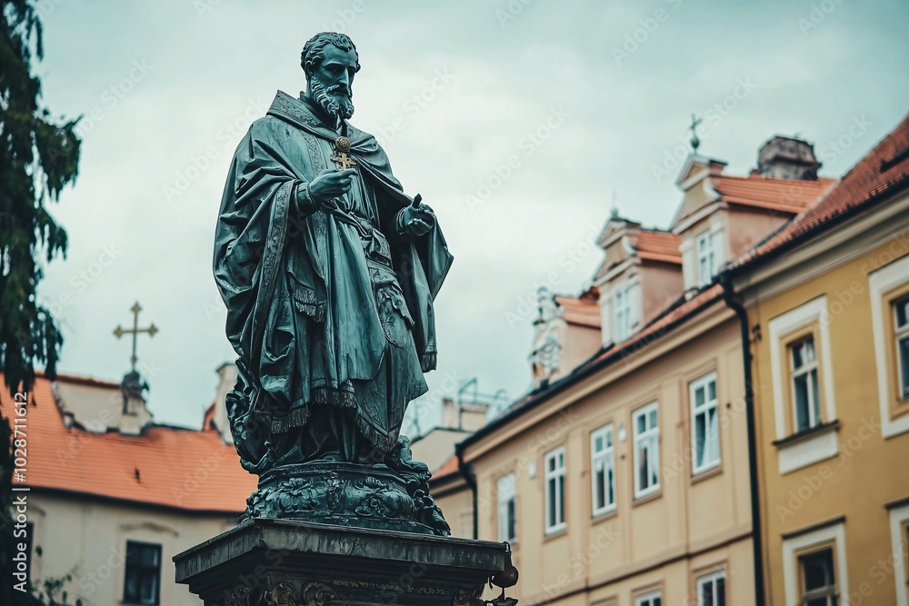 Obraz premium A majestic statue of Saint John of Nepomuk rises in a historic square, embodying faith and devotion with exquisite detail and a sacred presence.