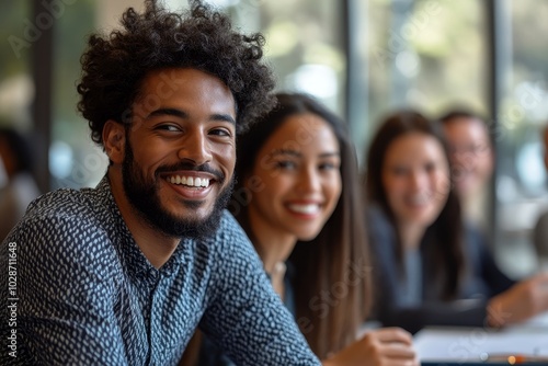 Smiling businesspeople having a discussion in an office, Generative AI