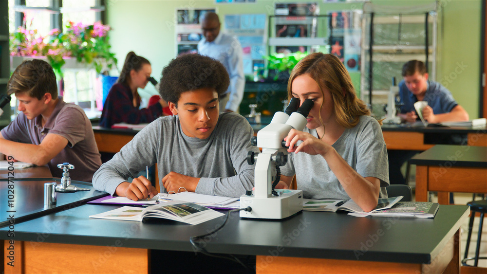 Male And Female High School Students Using Microscope In Biology Class Male And Female High School Students Using Microscope In Biology Class