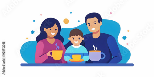 Serene Family Enjoying Tea or Coffee Together in Soft Pastel Abstract Background - Warm Weekend Moments with Copy Space for Text | Stock Photo Concept