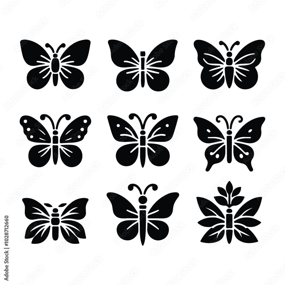 create a sillhouette butterfly victor set icon on white background create a sillhouette butterfly victor set icon on white background