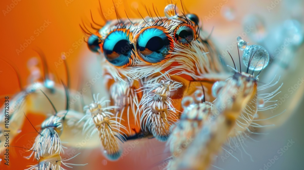 Close-up of a Jumping Spider with Bright Blue Eyes and White Hairs Close-up of a Jumping Spider with Bright Blue Eyes and White Hairs